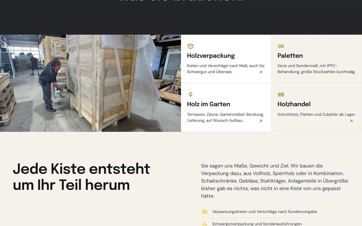 Von newcreation gestaltete Webseite von Aichele Holzwerke: Abschnitt zu Holzverpackung und Paletten