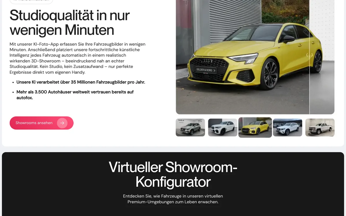 Von newcreation gestaltete Webseite von Autofox: Abschnitt zum virtuellen Showroom