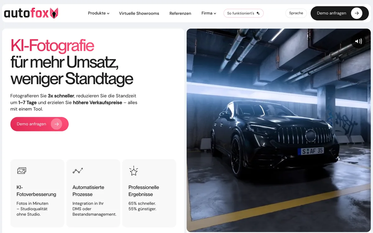 Von newcreation gestaltete Webseite von Autofox: Startseite zur KI-Fotografie für Autohäuser