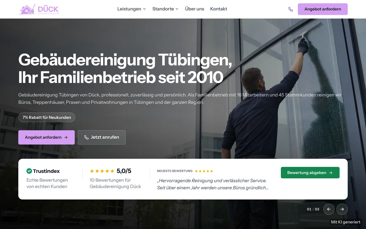Von newcreation gestaltete Webseite der Gebäudereinigung Dück: Startseite mit Glasreinigung in Tübingen