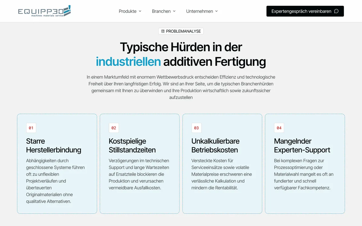 Von newcreation gestaltete Webseite von equipp3D: Abschnitt zu typischen Hürden im industriellen 3D-Druck
