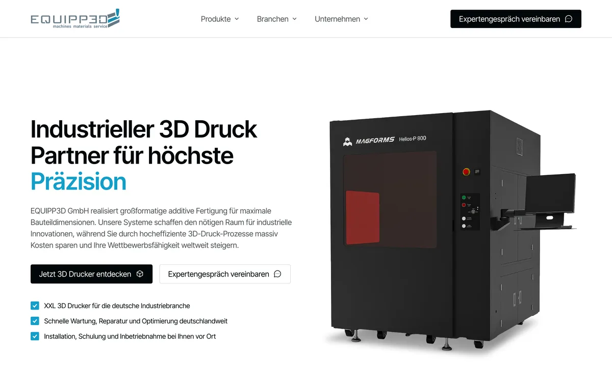 Von newcreation gestaltete Webseite von equipp3D: Startseite mit industriellem 3D-Drucker