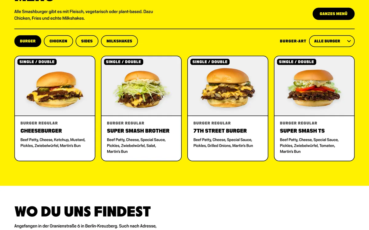 Von newcreation gestaltete Webseite von Goldies Smashburger: Speisekarte mit Burgern