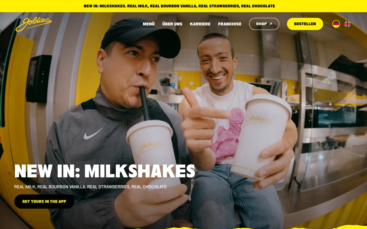 Von newcreation gestaltete Webseite von Goldies Smashburger: Startseite mit Milkshakes
