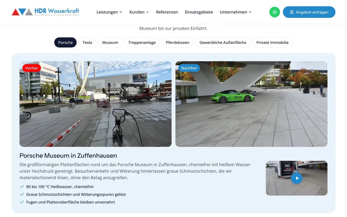 Von newcreation gestaltete Webseite von HDR Wasserkraft: Vorher-nachher-Vergleich einer gereinigten Fläche