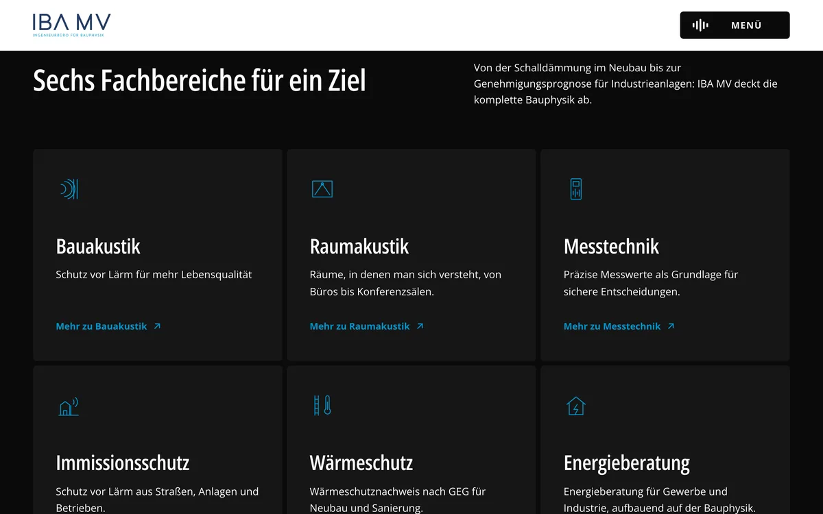 Von newcreation gestaltete Webseite von IBA MV: Übersicht der sechs Fachbereiche