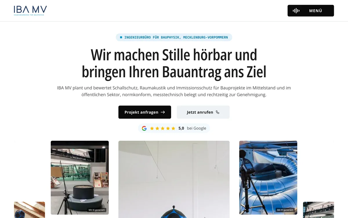 Von newcreation gestaltete Webseite von IBA MV, Ingenieurbüro für Bauakustik: Startseite