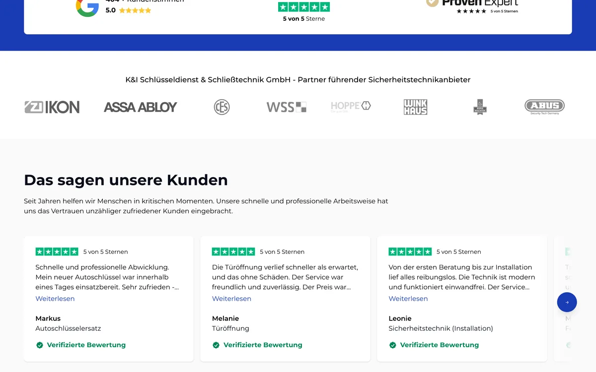 Von newcreation gestaltete Webseite von KI Schlüsseldienst: Abschnitt mit Kundenbewertungen