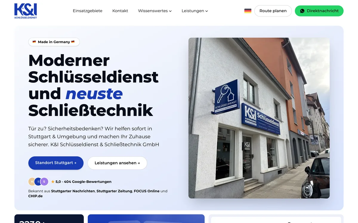 Von newcreation gestaltete Webseite von KI Schlüsseldienst: Startseite mit dem Ladengeschäft in Stuttgart