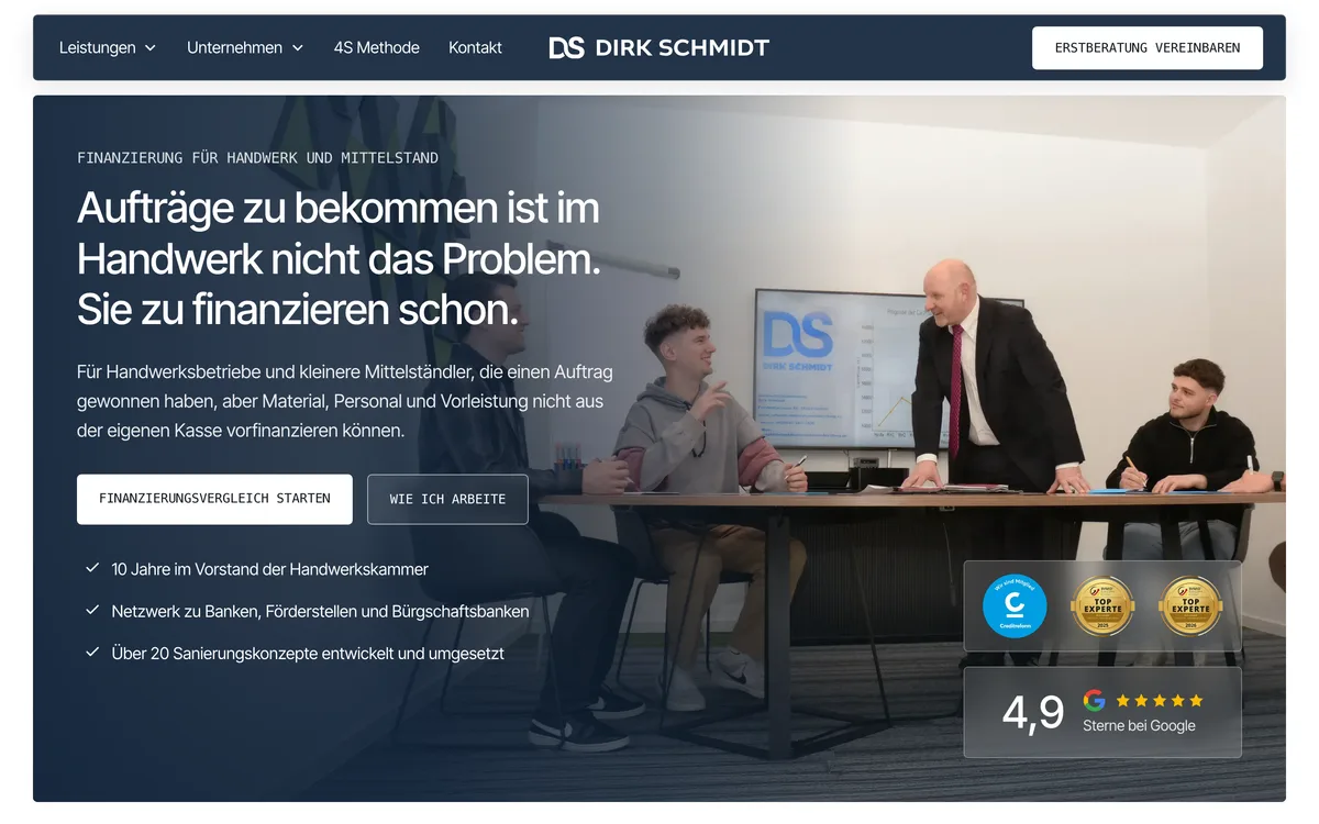 Von newcreation gestaltete Webseite der Schmidt Unternehmensberatung: Startseite zur Finanzierung im Handwerk