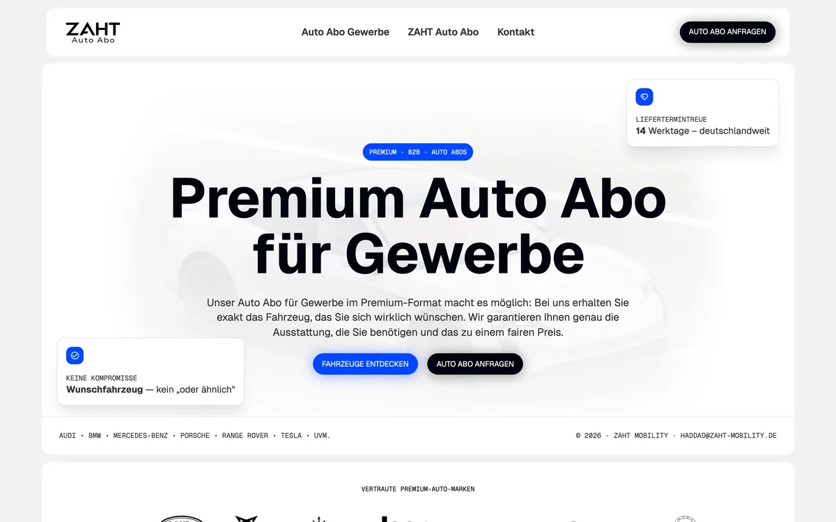 Von newcreation gestaltete Webseite von ZAHT Mobility: Startseite „Premium Auto Abo für Gewerbe“