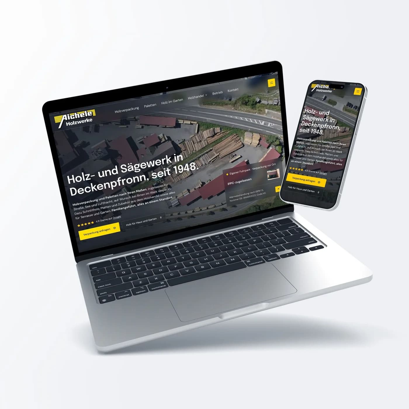 Von newcreation gestaltete Webseite von Aichele Holzwerke, Säge- und Holzwerk in Deckenpfronn, auf MacBook und iPhone
