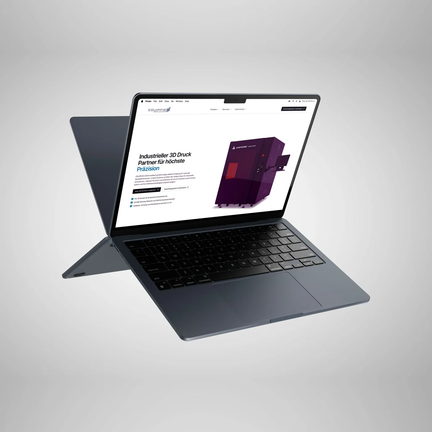 Von newcreation gestaltete Webseite von equipp3D für industriellen 3D-Druck auf einem schwebenden MacBook