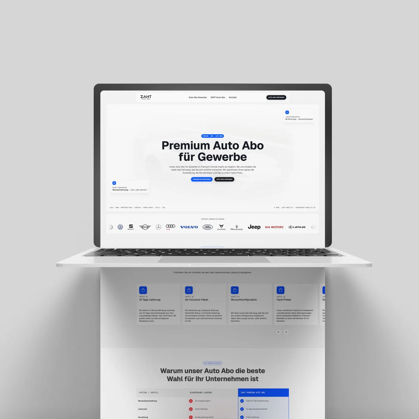 Von newcreation gestaltete Webseite von ZAHT Mobility für Premium-Auto-Abos für Gewerbe auf einem MacBook